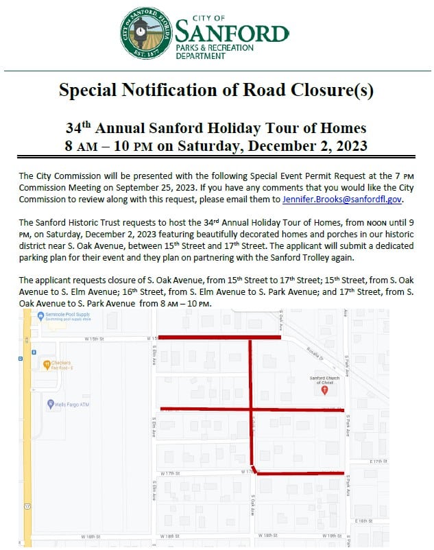 road closure announcement for the 2023 Sanford Holiday Tour of Homes