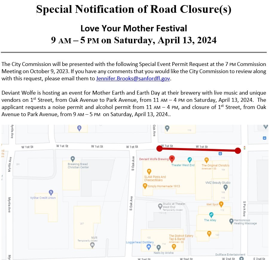 road closure announcement for an event in April 2024