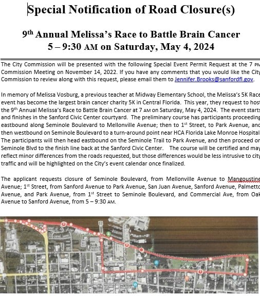 Road closure announcement for an event in May 2024