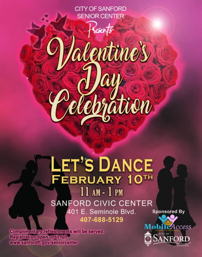 Flyer for the Canford Senior Center's Valentine's Celebration