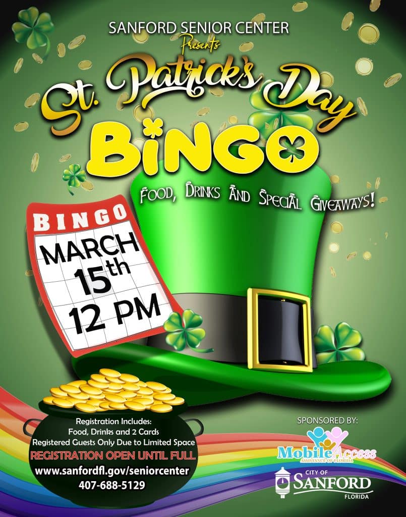2024 St Patrick's Day Bingo at the Sanford Senior Center infographic