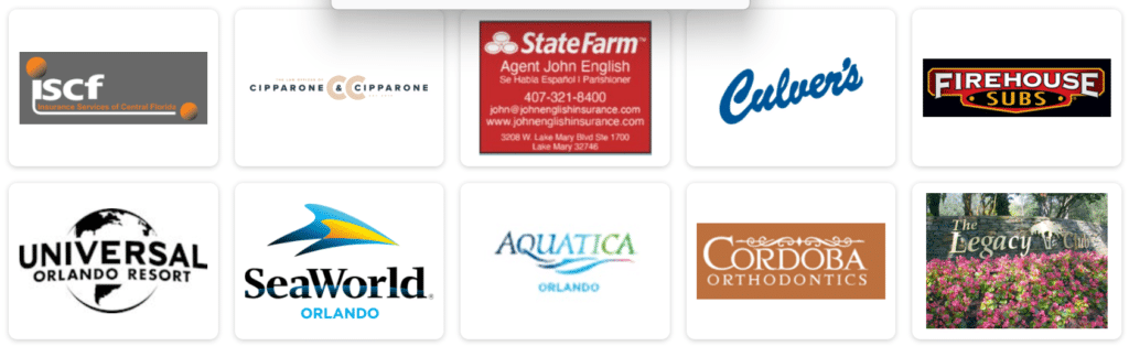 logos for ISCF, Cipparone & Cipparone, State Farm, Culvers, Firehouse Subs, Universal Orlando Resort, SeaWorld Orlando, Aquatica Orlando, Cordoba Orthodontics, and the Legacy