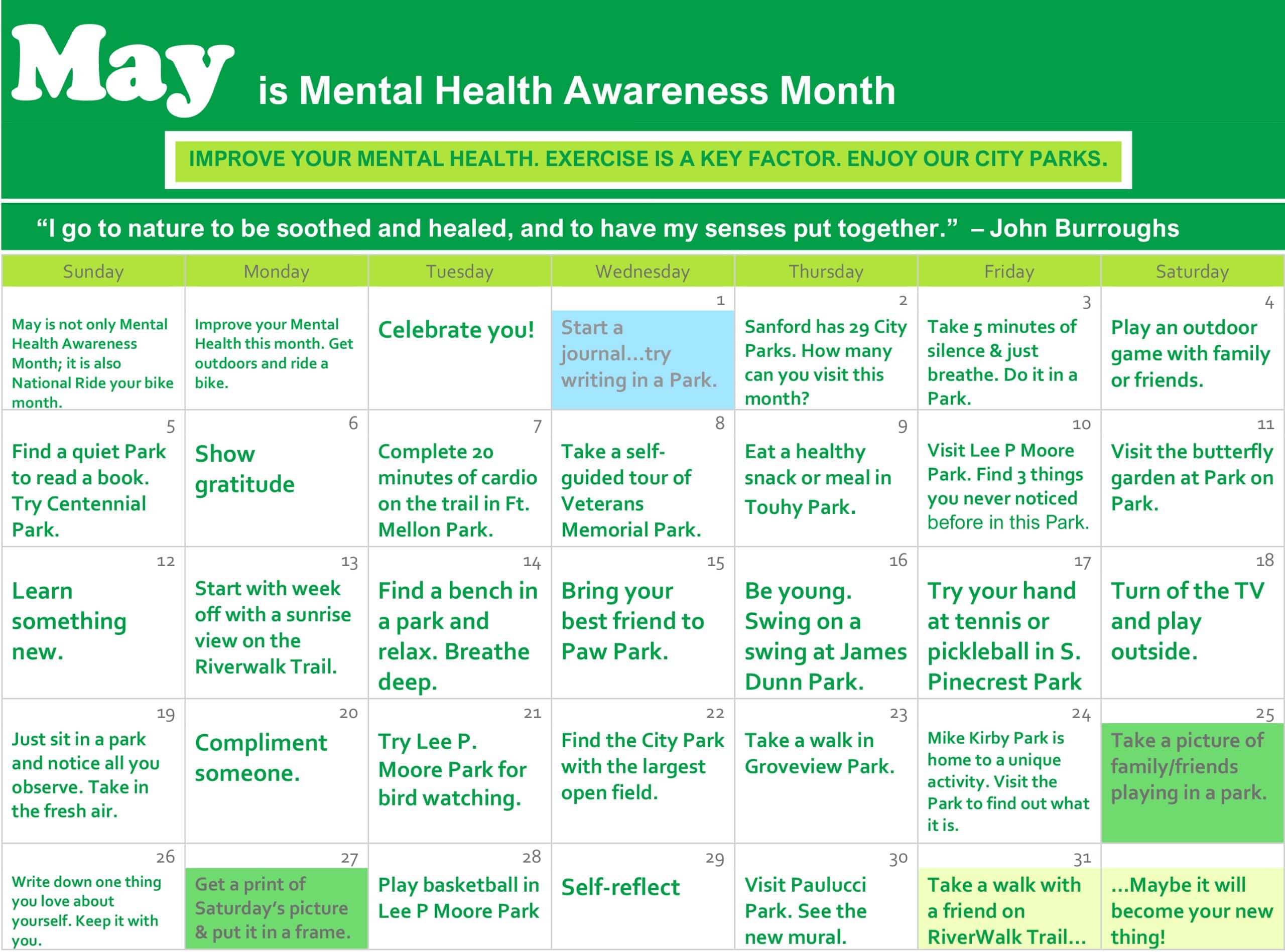 Activities to do in Sanford's Parks during Mental Health Awareness Month
