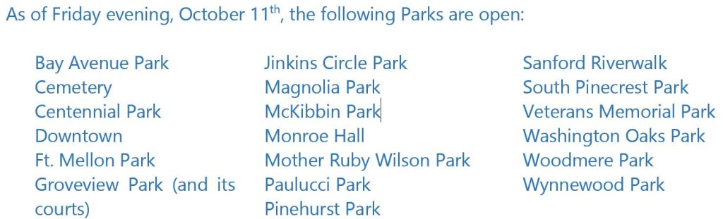 A list of parks that were open after Hurriane Milton