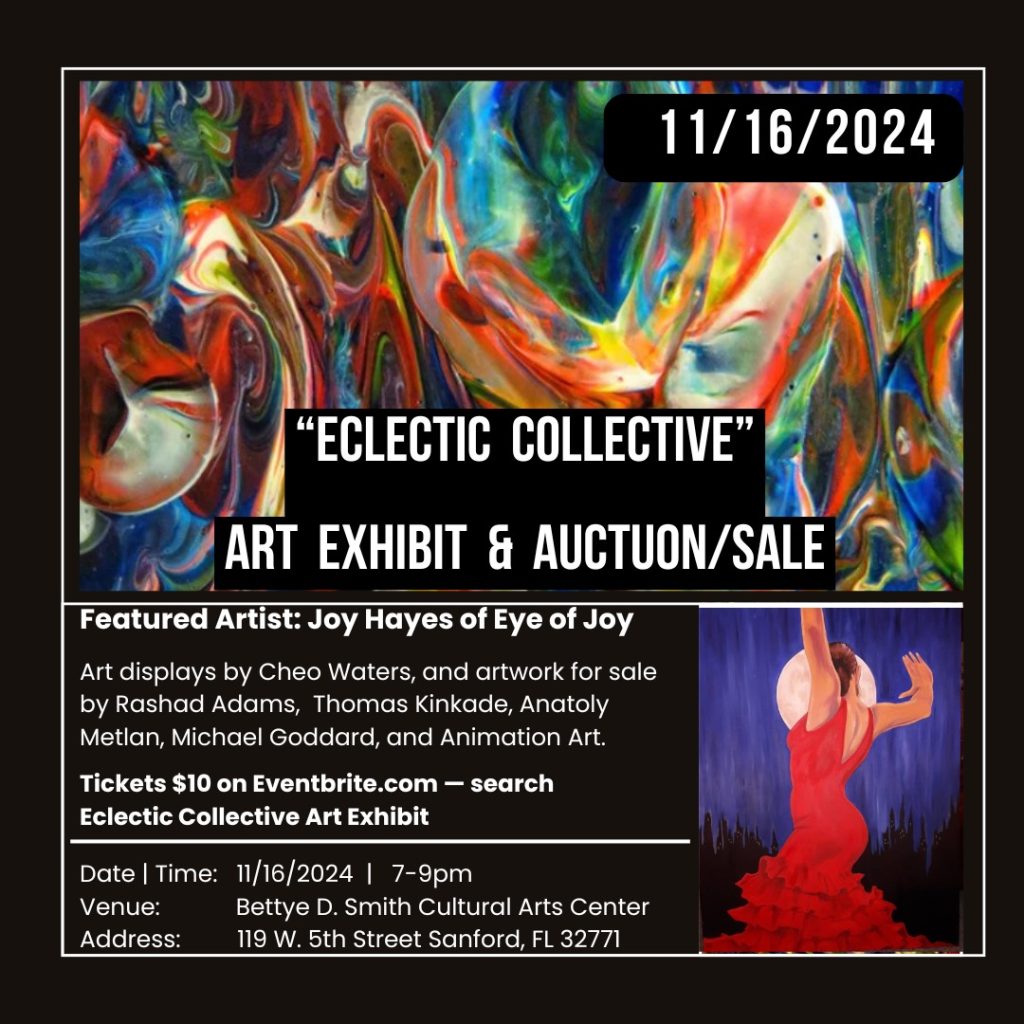 Flyer advertising the Eclectic Collective Art Exhibit and Auction in November 2024