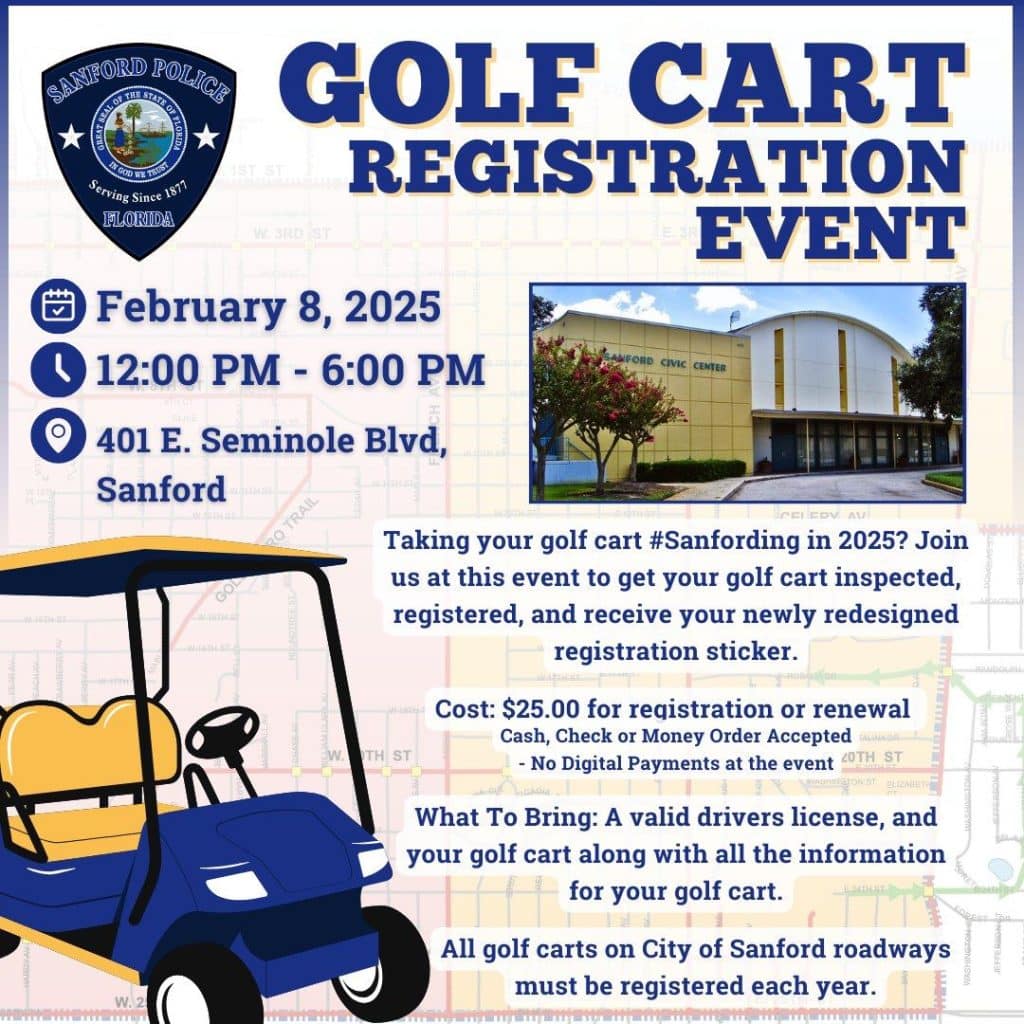 informational flyer about the Sanford Police Department's Golf Cart Recreation Event