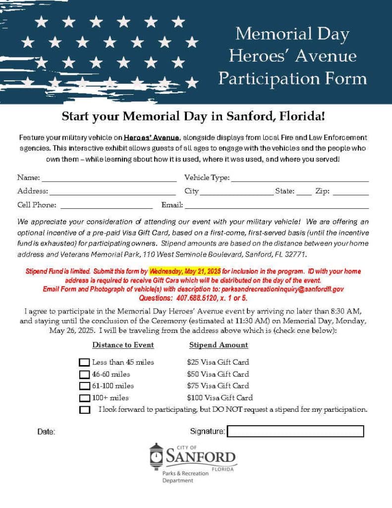 form to participate in the Memorial Day Heroes' Avenue for Memorial Day 2025