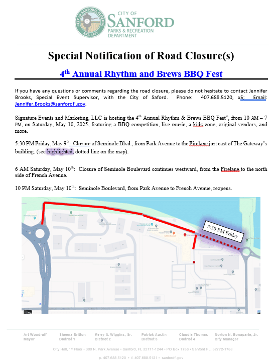 road closure Announcement for Rhythm and Brews BBQ fest
