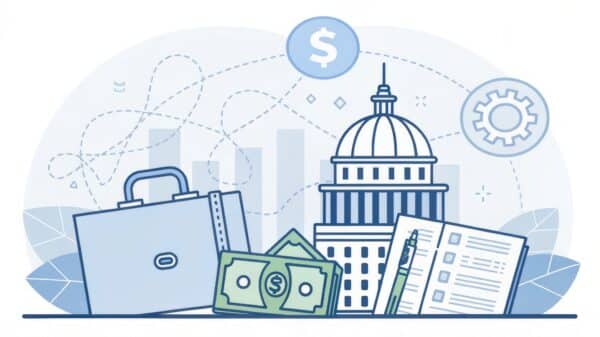 Social security taxes. Business and finance concepts featuring a briefcase, money, documents, and a government building.