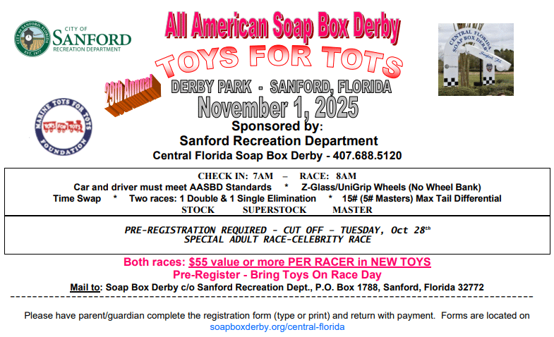 Ad for All American Soap box Derby Toys for Tots drive