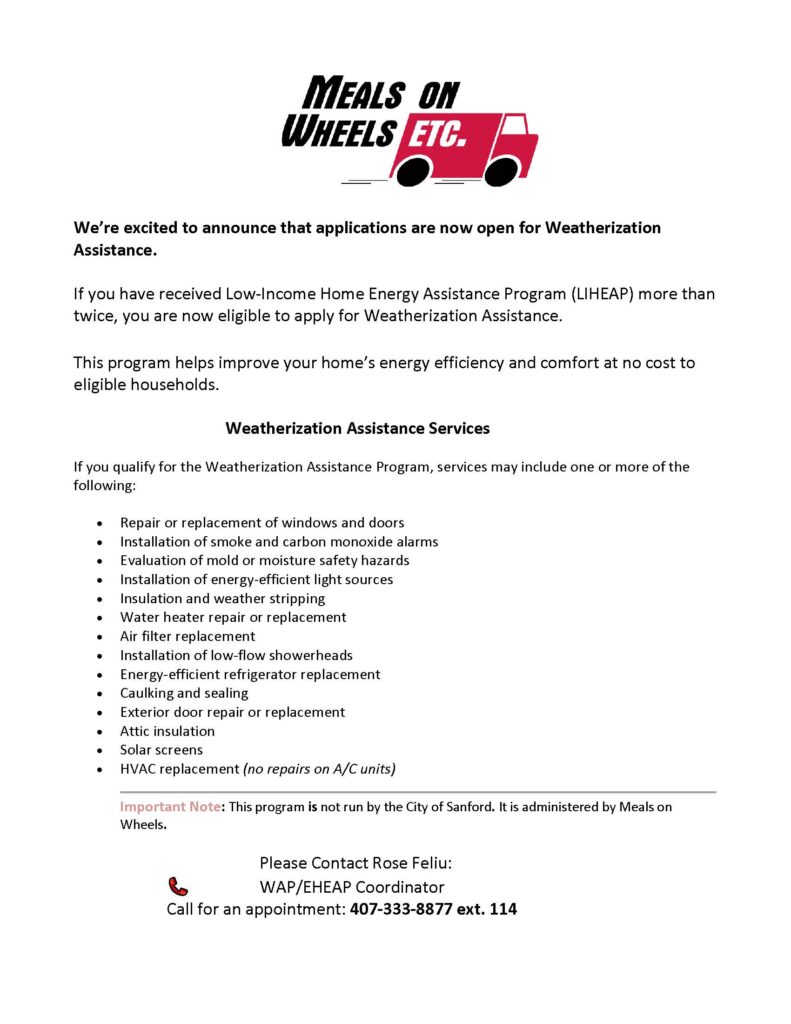 flyer about qualifications for weatherization assistance via Meals on Wheels.