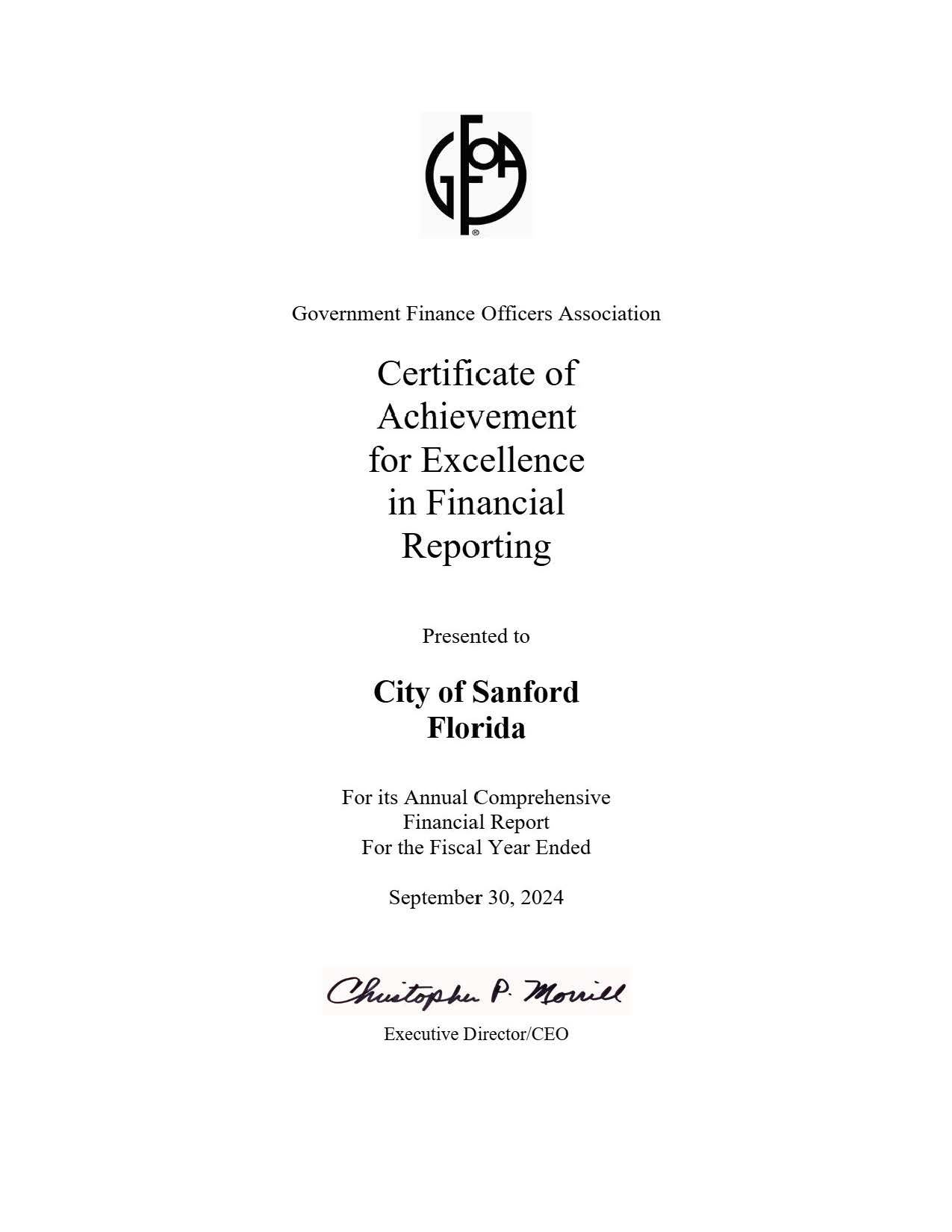 a Certificate of Achievement for Excellence in Financial Reporting dated September 30, 2024