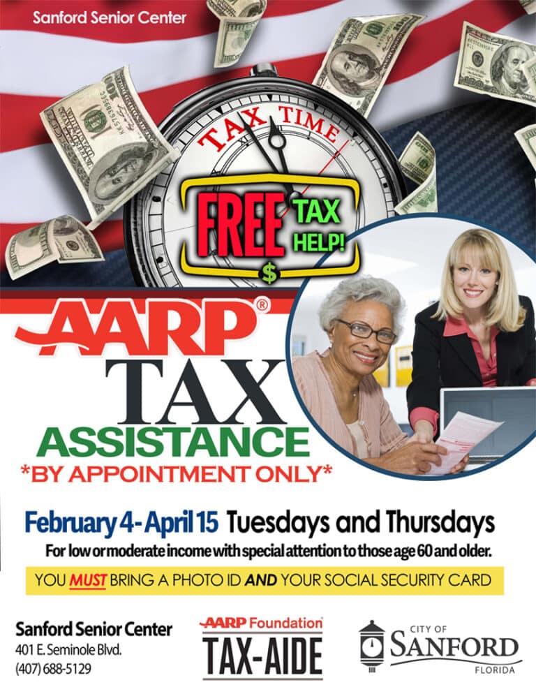 Flyer advertising free tax help by appointment only at the Sanford Senior Center on Tuesdays and Thursdays through April 15